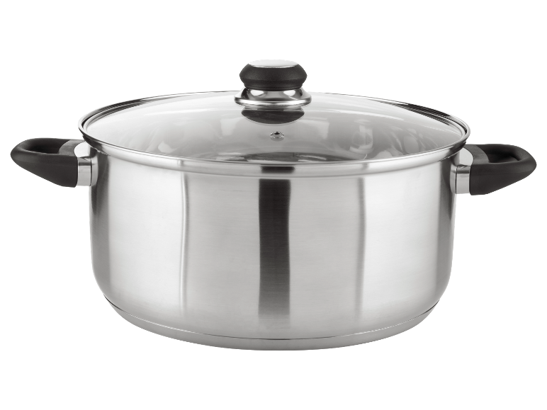 Une casserole en acier inoxydable avec un couvercle en verre.