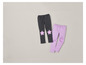 Deux paires de leggings pour enfants, un gris avec des étoiles roses et un violet.