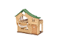 Maison de jeu en bois avec toit vert, balcons et hamac.
