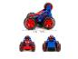 Voiture jouet Spider-Man rouge et bleue avec de grandes roues, avec dimensions.