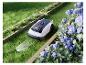 Tondeuse robot sur herbe verte avec parterres de fleurs et hortensias bleus