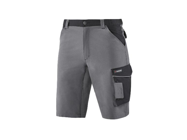 Shorts de travail gris avec poches latérales et détails noirs.