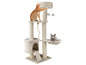 Un arbre à chat avec des poteaux à gratter, une plateforme, un hamac et une cachette.