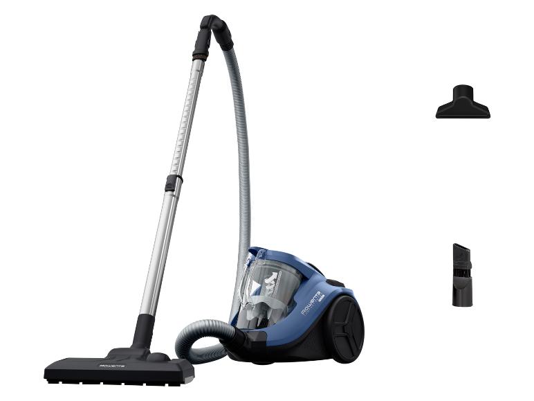 Un aspirateur Rowenta bleu avec des accessoires.