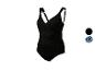 Maillot de bain une pièce noir avec bretelles réglables et détails froncés; également disponible en motif bleu et blanc.