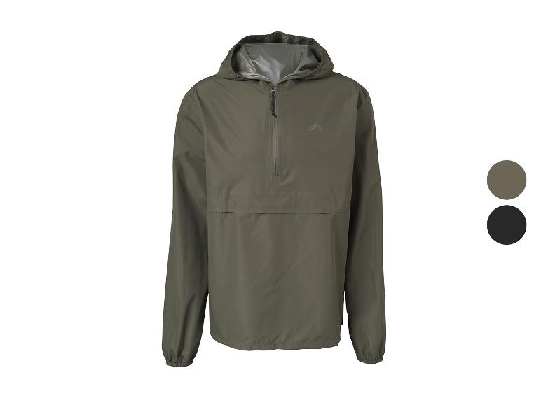 Coupe-vent homme à capuche kaki, avec fermeture éclair et logo.