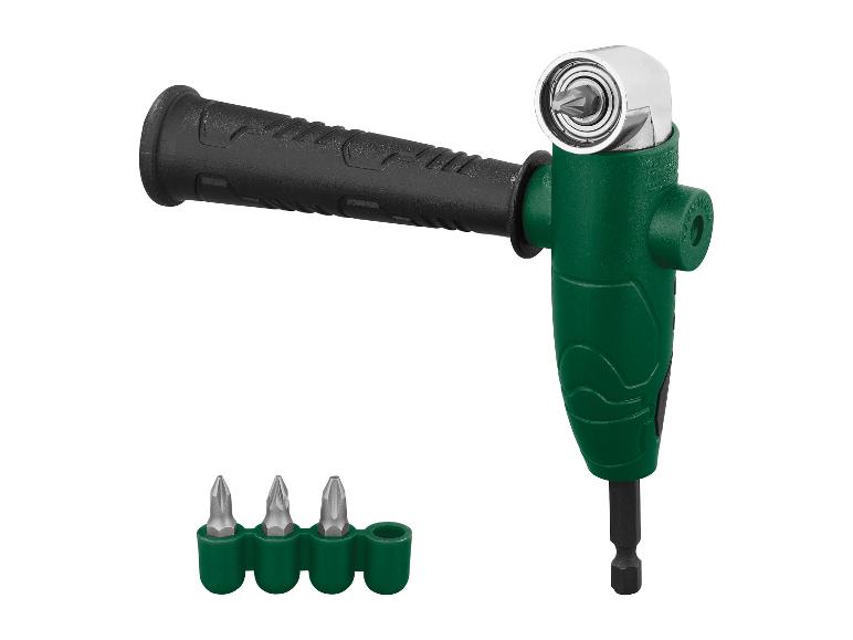 Accessoire de perceuse d'angle vert avec trois mèches.