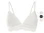 Bralette blanche bordée de dentelle, avec une palette de couleurs à côté.