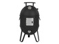 Un barbecue rond noir avec un thermomètre et une porte.