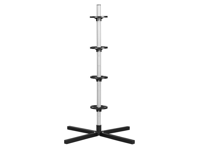 Support d'affichage réglable en hauteur avec une base noire en forme de X.