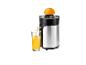 Presse-agrumes électrique avec du jus d'orange qui coule.