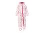 Combinaison de pluie rose pour enfant avec imprimé cœurs et fermeture éclair rouge.