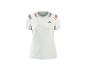 T-shirt de sport blanc à manches courtes avec des rayures bleues et rouges sur les épaules.