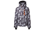 Veste de ski grise et noire à motifs avec des accents orange.