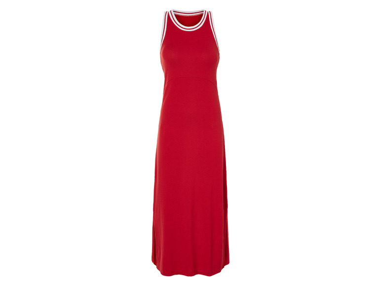 Une robe maxi rouge avec une bordure blanche au col.