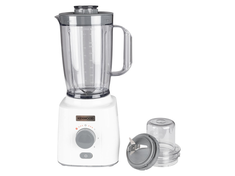 Un blender Kenwood blanc avec un pichet en verre et un petit bol de mixeur.