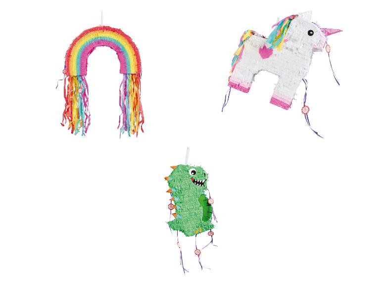Piñatas arc-en-ciel, licorne et dinosaure pour fêtes enfantines.