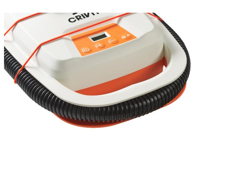 Pompe électrique orange et blanche avec tuyau noir et panneau de commande.