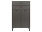 Une armoire gris foncé avec deux tiroirs et deux portes.