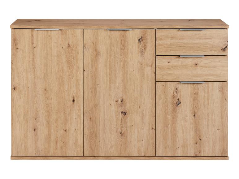 Meuble moderne en bois avec deux portes et deux tiroirs.