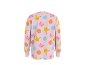 Pull rose à manches longues avec un motif coloré de personnages de dessins animés.