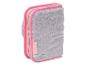 Trousse en peluche grise avec fermeture éclair rose et bordure rose