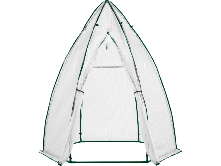 Serre de jardin avec couverture transparente et cadre vert, ouverte à l'avant