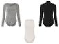 Trois bodys différents : gris à manches longues, blanc à bretelles et noir à col montant.