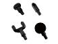 Quatre têtes de massage noires pour pistolet de massage, dont une plate, une en U, une ronde et une multi-points.