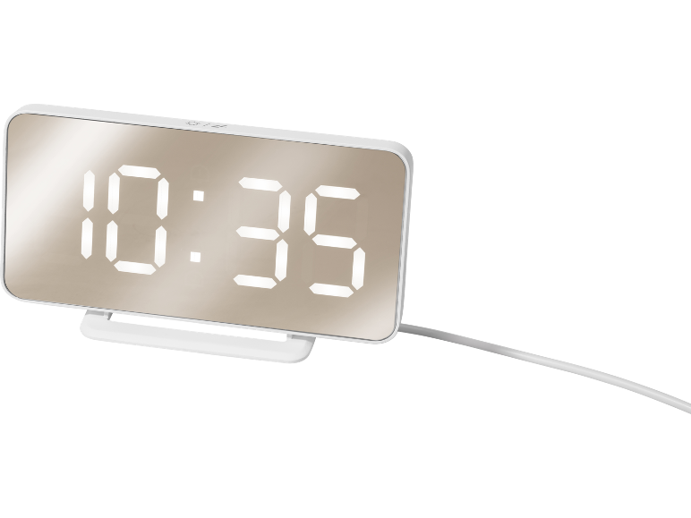 Réveil numérique avec écran miroir affichant 10h35.