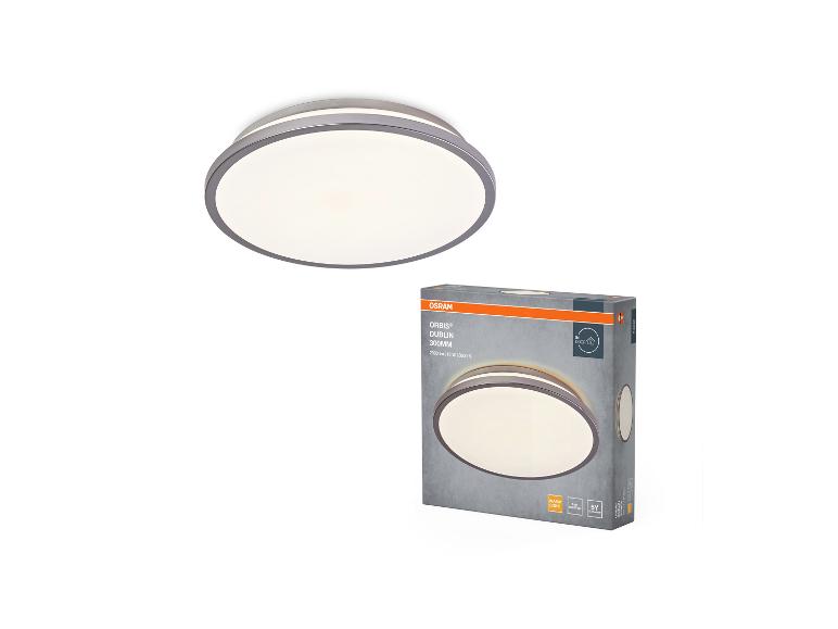 Plafonnier rond avec emballage mettant en avant lumière chaude et montage facile.