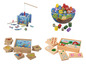 Jouets en bois, y compris un jeu de pêche, une tour d'empilage et des dominos.