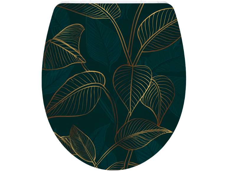 Abattant de toilettes avec motif de feuilles dorées sur fond vert foncé.
