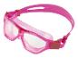 Lunettes de natation roses avec verres transparents et sangle ajustable.
