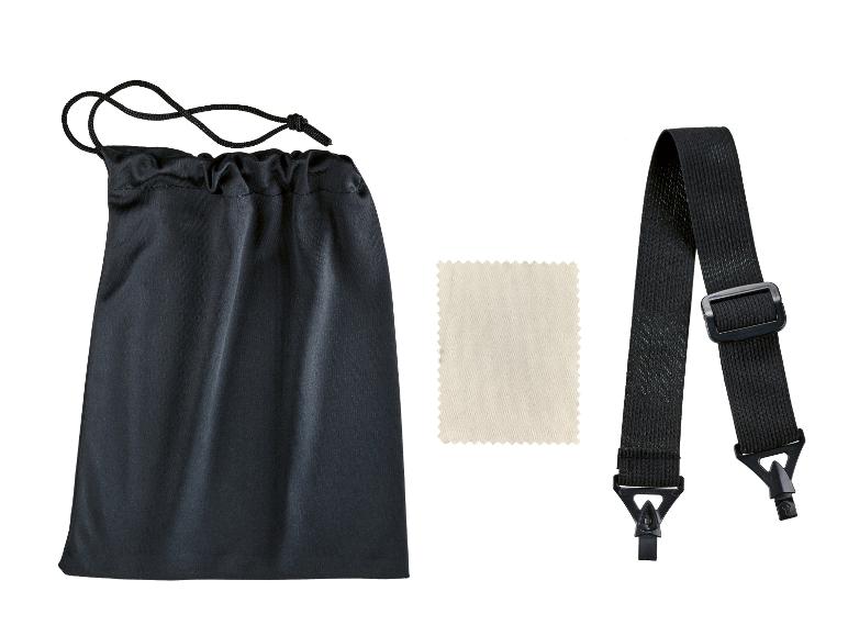 Sac noir à cordon, chiffon de nettoyage et sangle noire.
