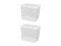 Deux boîtes de rangement en plastique transparent avec couvercles, empilées verticalement sur fond blanc.