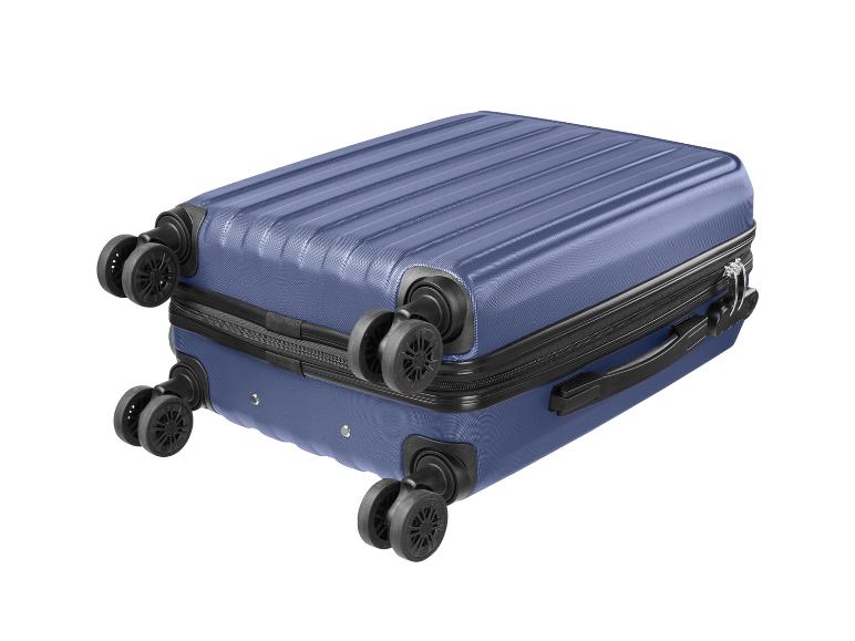 Valise rigide bleue avec quatre roues doubles et fermeture éclair.