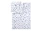 Parure de lit blanche avec motif de feuilles bleues.