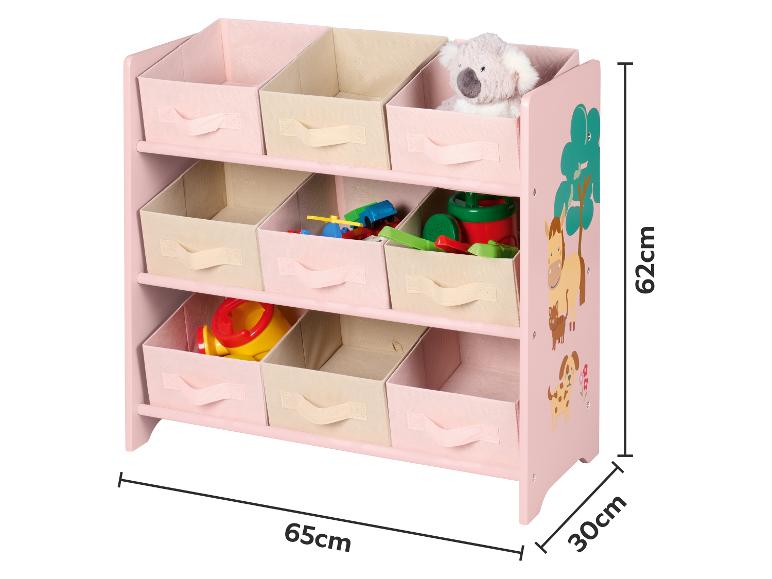 Étagère de rangement rose pour enfants avec bacs en tissu et motifs animaux, 65x30x62cm.