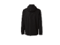 Une veste noire à capuche, vue de dos.