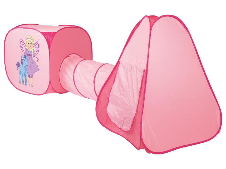 Tente de jeu rose pour enfants avec tunnel, décorée d'une fée et d'une licorne.