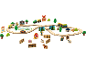 Ensemble de train jouet en bois avec animaux de la ferme, véhicules, bâtiments et arbres.