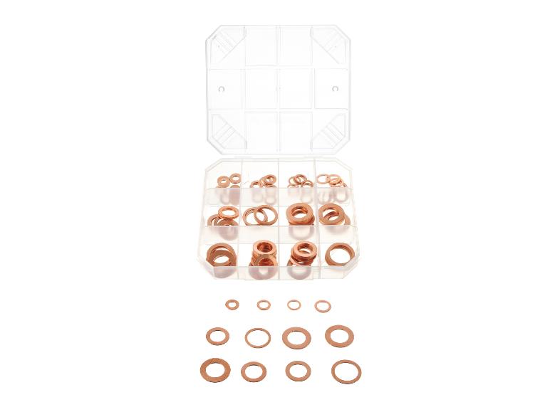 Rondelles en cuivre de différentes tailles, rangées dans une boîte de rangement transparente.