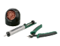 Kit d'outils de soudure avec nettoyeur de panne, pompe à dessouder et pince coupante.