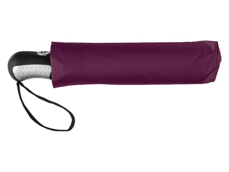 Parapluie plié violet foncé avec poignée noire et grise, et une dragonne noire.