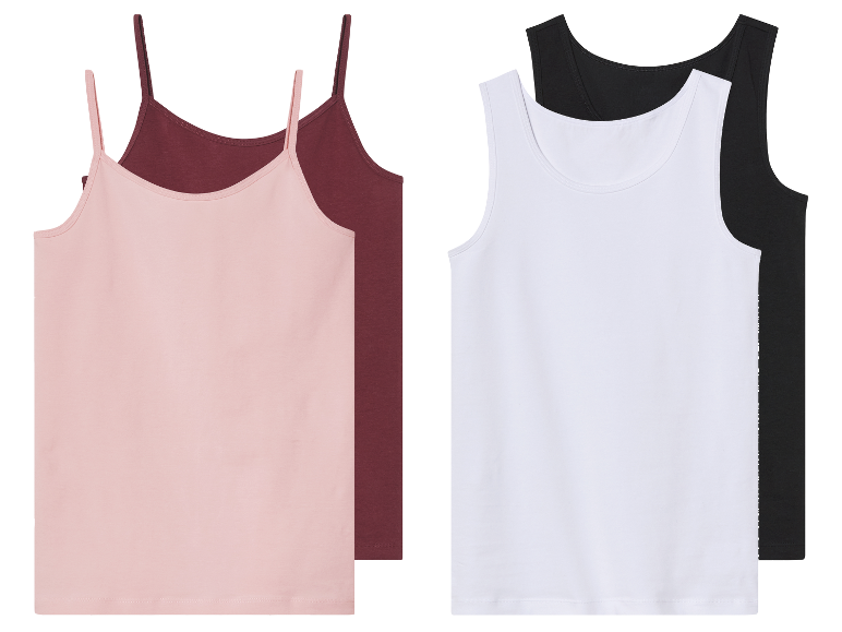 Deux paires de débardeurs : une en rose et bordeaux, l'autre en blanc et noir.