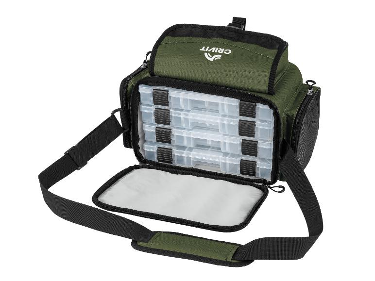 Sac de pêche vert avec quatre boîtes de rangement transparentes et une bandoulière.