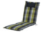 Un coussin de chaise longue à carreaux verts et noirs avec un coussin de tête assorti.