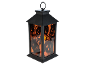 Lanterne noire d'Halloween avec lueur orange, découpes de citrouilles et texte 'Happy Halloween'.