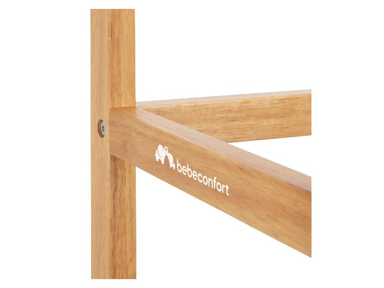 Cadre de lit en bois avec logo d'éléphants et texte.